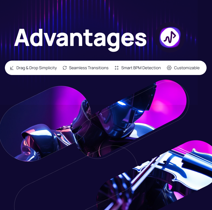 Reactive Score advantages: Drag & Drop Simplicity, Seamless Transitions, Smart BPM Detection, Customizable